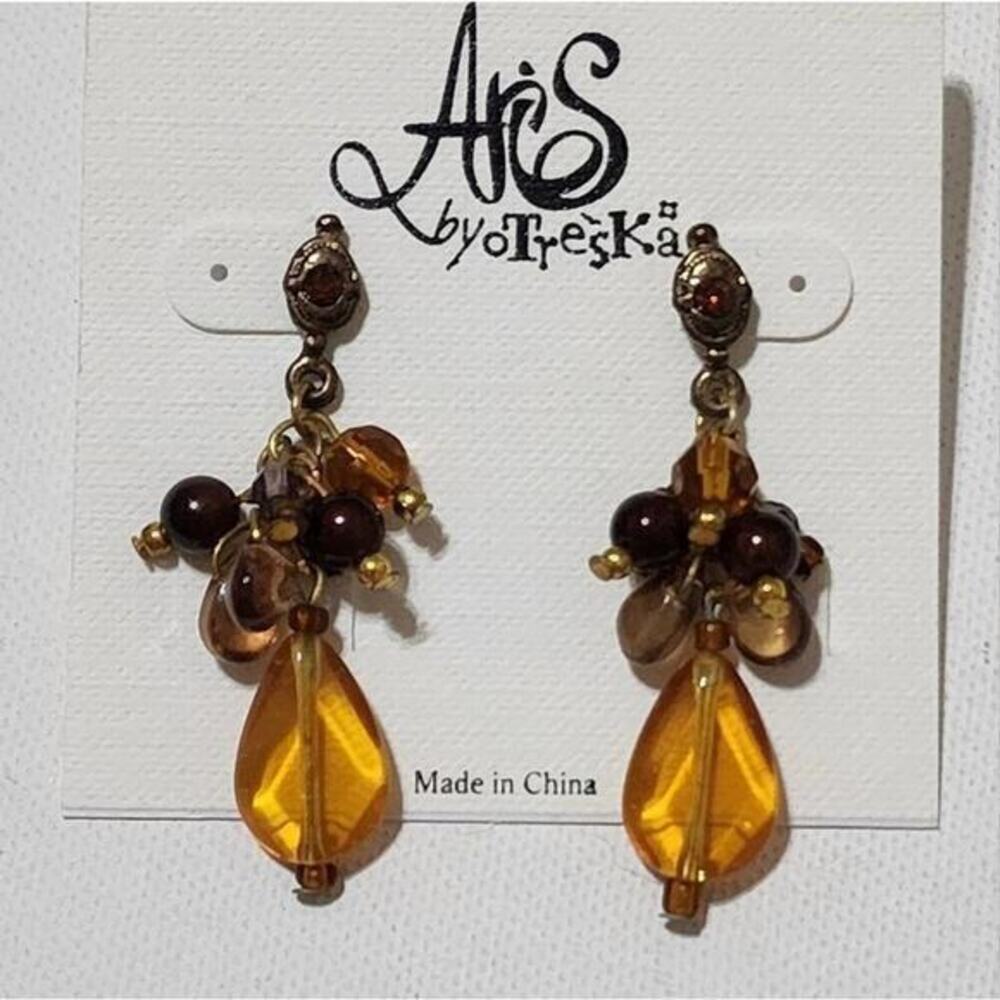 Aris by Treska Amber Brown Beaded‎ Cluster Teardrop Drop Earrings Antique Brass